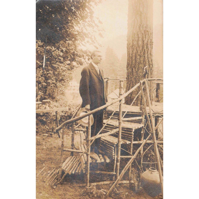 Antique RPPC Postcard Man in Suit on Rustic Log Stairs Cyko Stamp Box 1907-1915 image 1