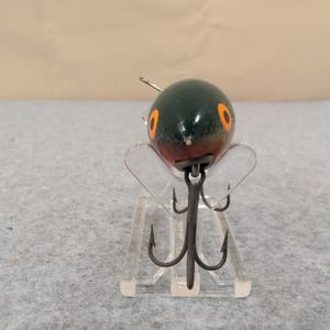 Vintage Wooden Bomber Fishing Lure Dark Green Yellow Red Orange Eye Treble Hooks image 2