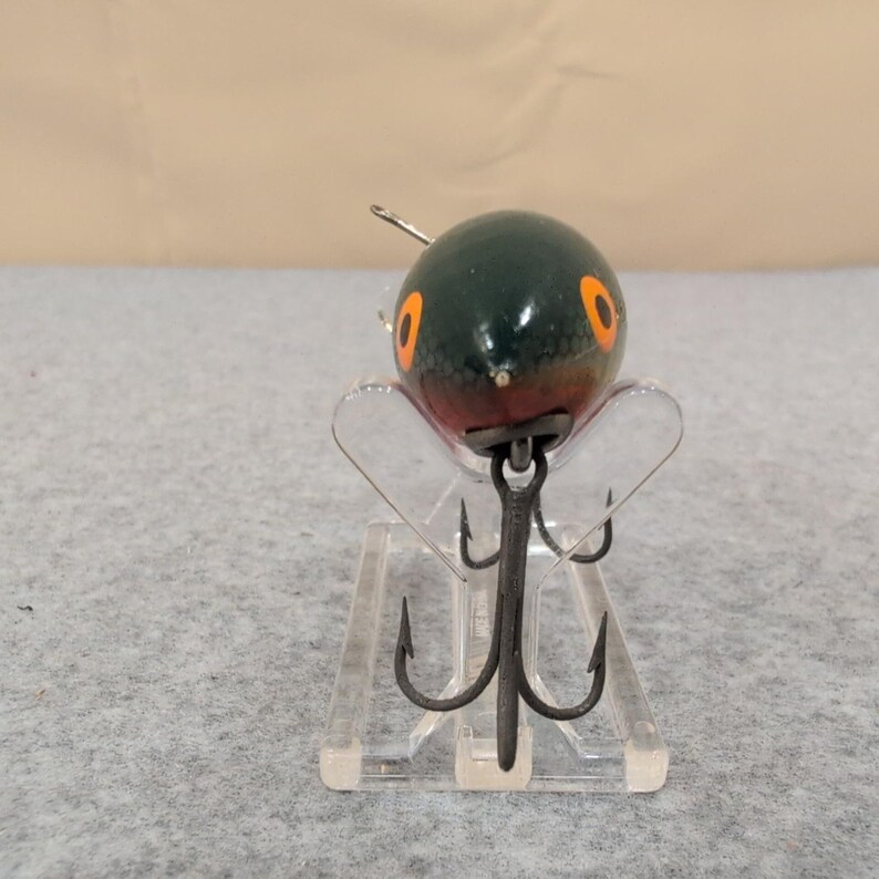 Vintage Wooden Bomber Fishing Lure Dark Green Yellow Red Orange Eye Treble Hooks image 2