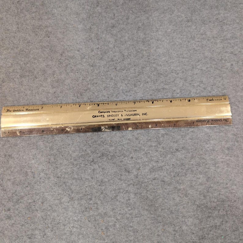 Vintage The Golden Measure 12 Inch Metal Ruler Graves Lindsey Laurel MS Gold image 1