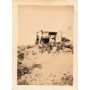 Vintage 1940s Ford Model A? Photograph Three People And Antique Car On Sand Dune image 1