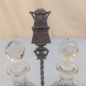 Vintage Dutch Windmill Cruet Set Glass Bottles Ornate Metal Caddy Village Scene image 11