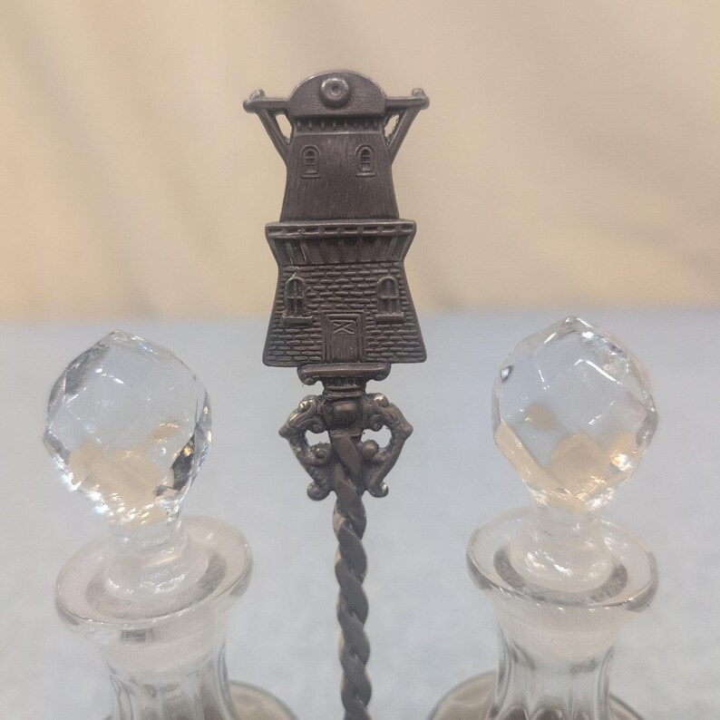 Vintage Dutch Windmill Cruet Set Glass Bottles Ornate Metal Caddy Village Scene image 11