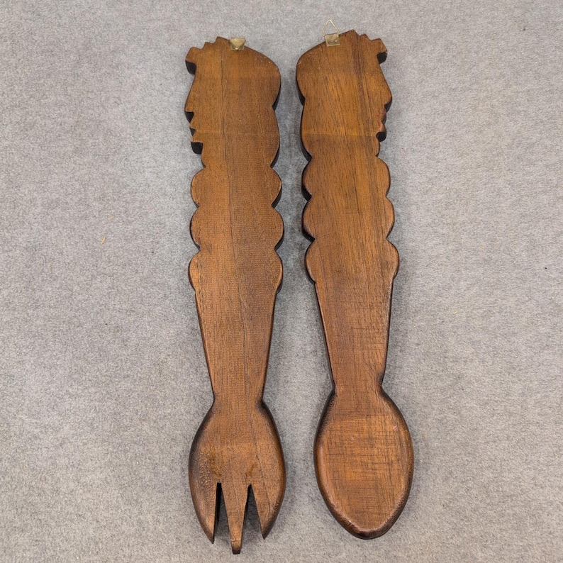 Vintage handgeschnitzte Holz Tribal Gabel und Löffel Wand Kunst Set dunkelbraun Dekor Bild 6