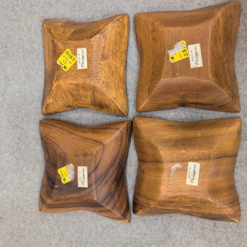 Vintage Acacia Wood Clover Snack Bowls Set of 4 Made in Philippines MCM image 5