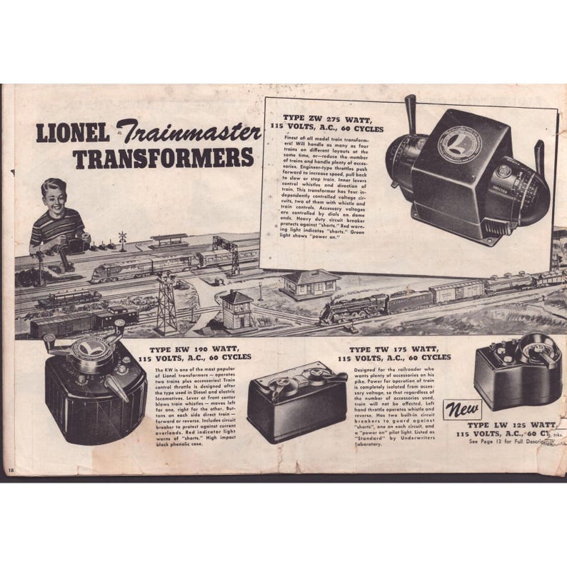 Vintage Lionel Zubehörkatalog von 1955 Modelleisenbahn Magnet-Traktionstransformatoren Bild 2