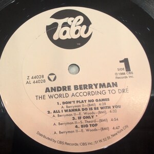 Andre Berryman The World According to Dre Vinyl LP 1988 Tabu Records Z 44028 image 4