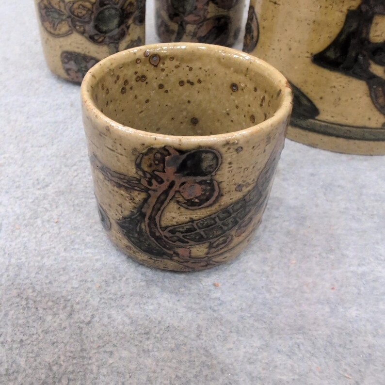Servizio da tè vintage in ceramica dipinta a mano, teiera per 6 tazze, motivo uccelli, fiori, macchie, color beige immagine 6