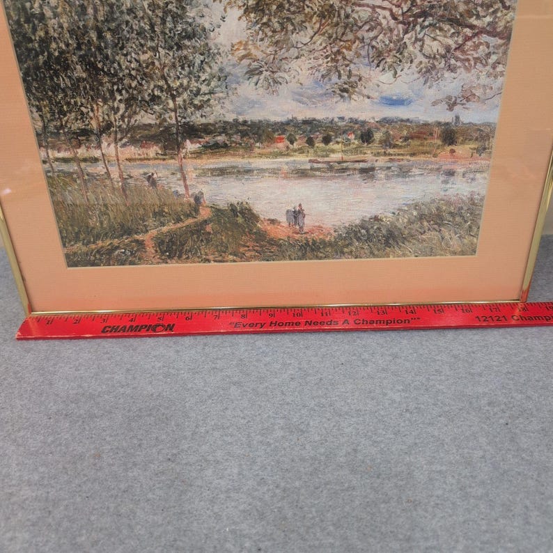 Impressionist River Landscape Framed Art Print Gold Tone Frame Peach Mat image 3