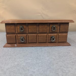 Vintage Wood Jewelry Box Organizer Two Drawer Ring Holder Ornate Pulls 10" Wide image 1