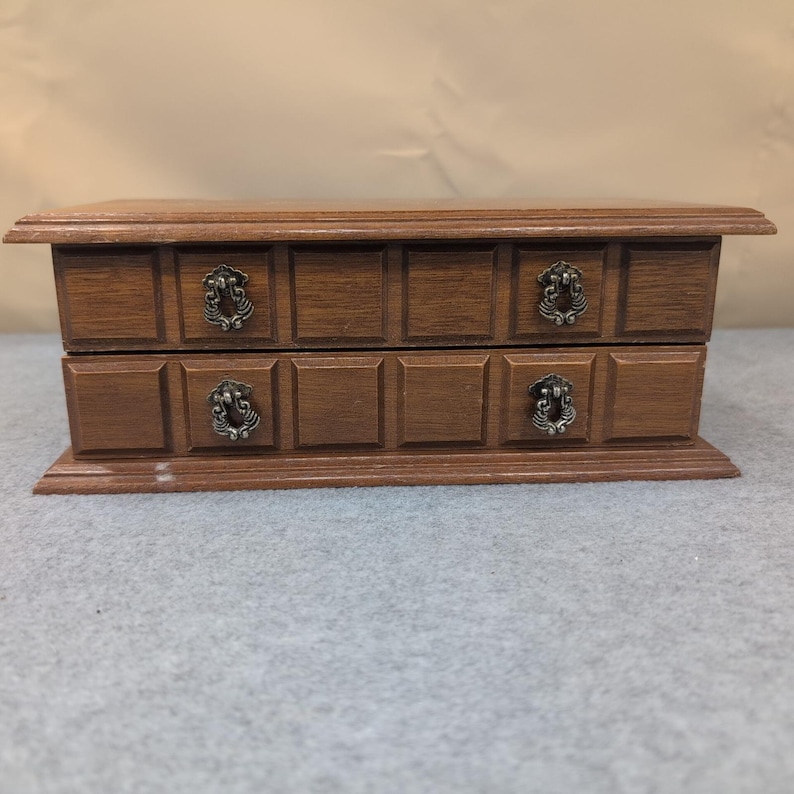 Vintage Wood Jewelry Box Organizer Two Drawer Ring Holder Ornate Pulls 10" Wide image 1