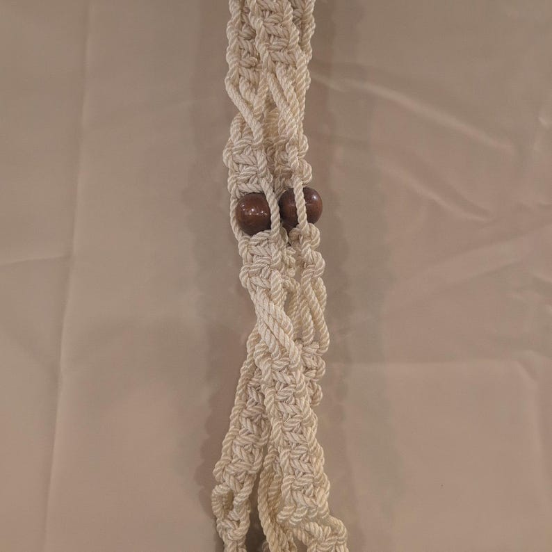 Vintage Macrame Plant Hanger Cream Rope Wood Beads Boho Indoor Outdoor Decor image 4