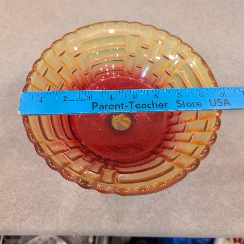 Vintage Amberina Glass Basketweave Compote Footed Candy Dish Red Yellow Scallop image 6