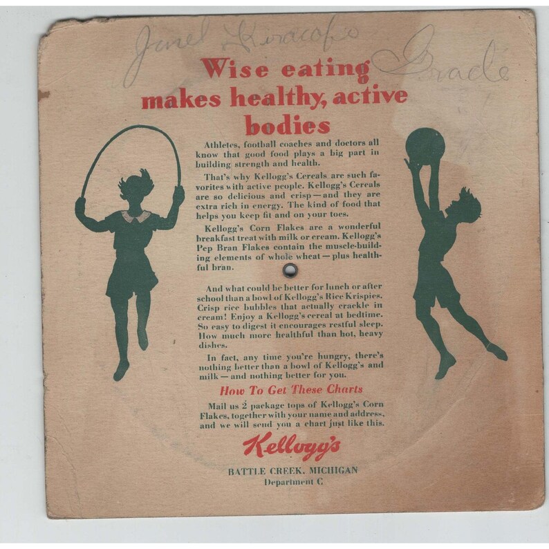 Vintage Kellogg's Wheel of Knowledge-kaart van de Verenigde Staten uit 1931, een premiumkaart voor ontbijtgranen. afbeelding 2