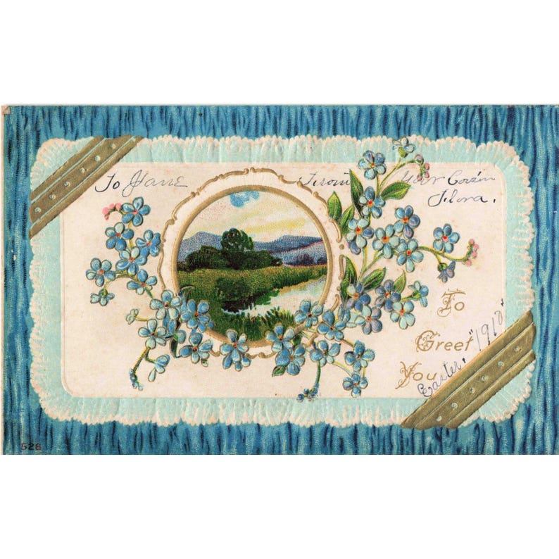 Antique 1910 Embossed Easter Postcard Blue Forget-Me-Nots Landscape Scene VG image 1