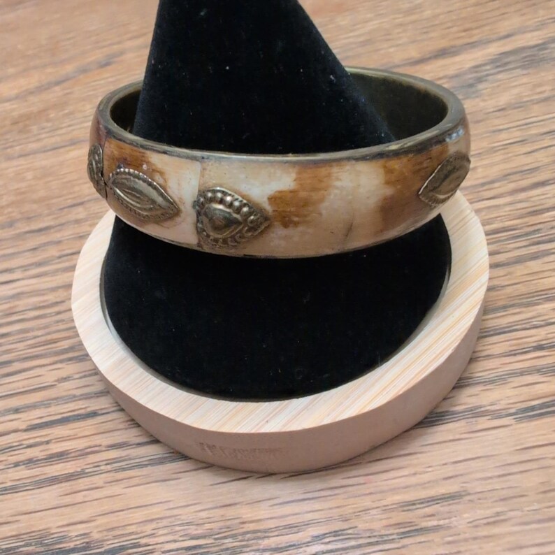 Vintage Brass and Bone Inlay Bangle Bracelet Made in India Bohemian Style image 2