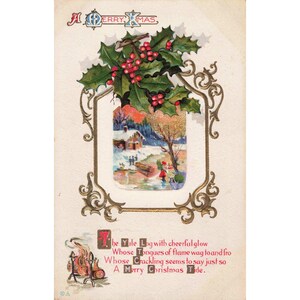Vintage E Nash Christmas Postcard Embossed Holly Winter Cabin Scene Series No 33 image 1