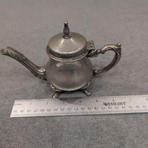 Vintage Miniature Silver Tone Footed Teapot Hinged Lid Ornate Collectible Decor image 10