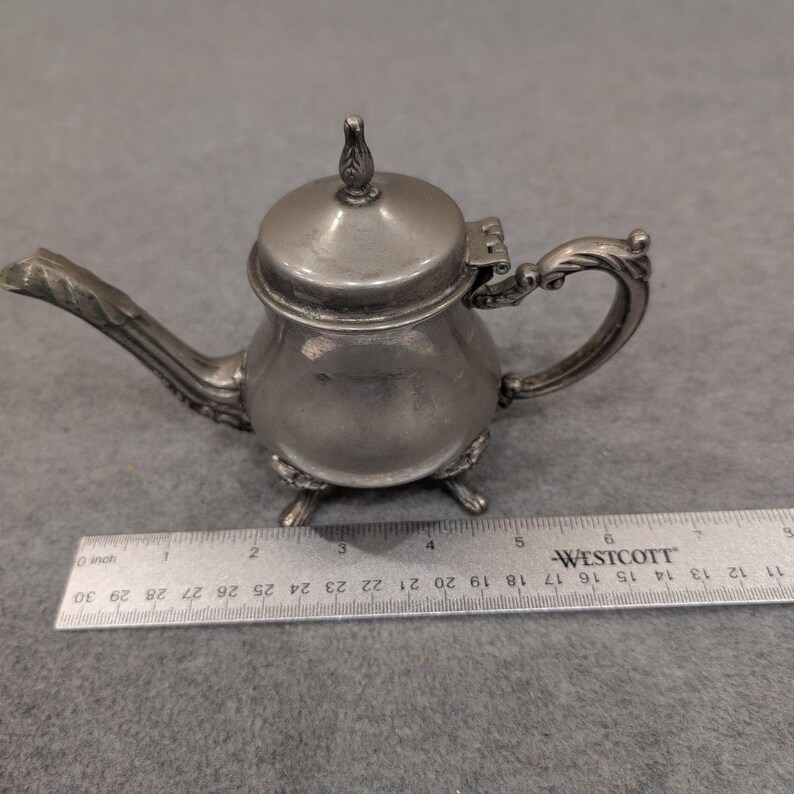 Vintage Miniature Silver Tone Footed Teapot Hinged Lid Ornate Collectible Decor image 10