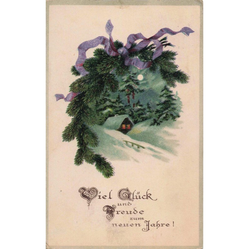 Antique 1911 New Year Postcard Viel Gluck Winter Landscape Switzerland RPPC image 1