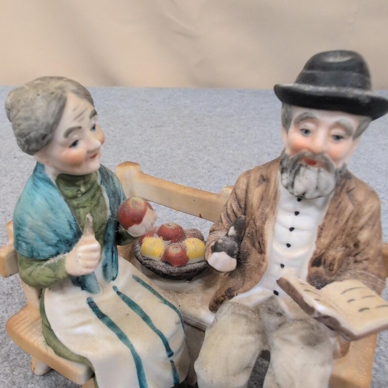 Vintage Hand Painted Porcelain Elderly Couple on Bench Figurine Matte Finish image 2