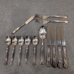 Puede incluir: Una colección de cubiertos plateados, que incluye cucharas, tenedores y cuchillos, dispuestos sobre una superficie gris. La cubertería presenta detalles florales ornamentados en los mangos. El juego incluye cucharas, tenedores y cuchillos de varios tamaños.