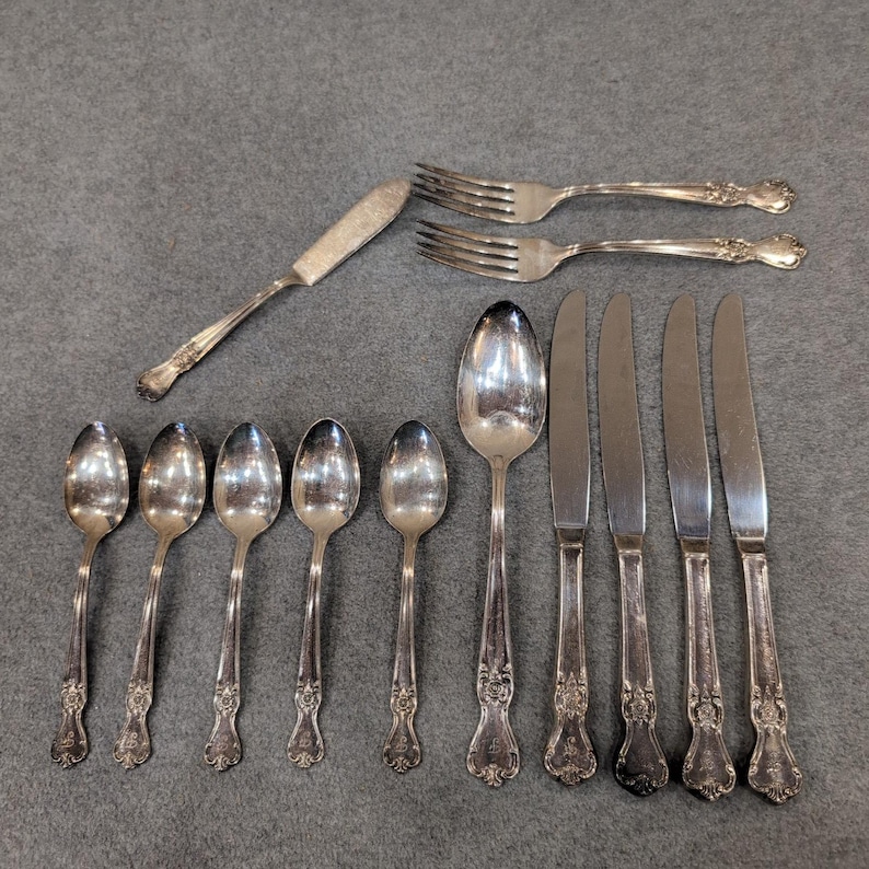 Old Company Plate Signature Rose Silverplate Flatware Set 13pc Monogrammed F image 1