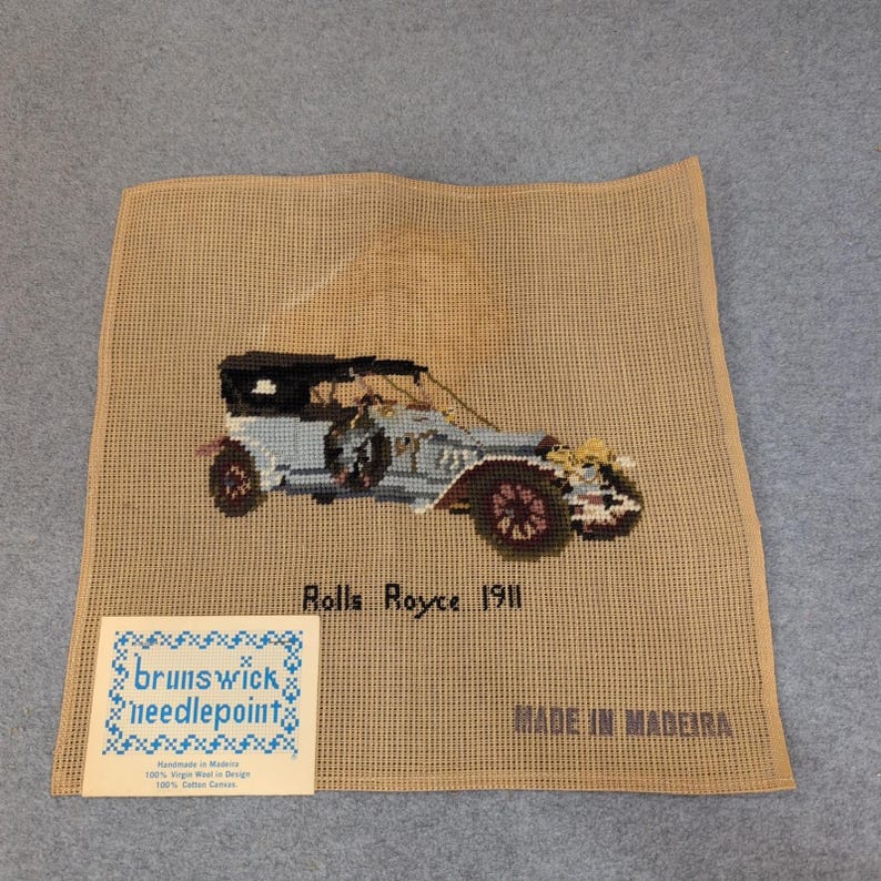Brunswick Needlepoint 1911 Rolls Royce Antique Car Madeira Wool Canvas P-945 image 1