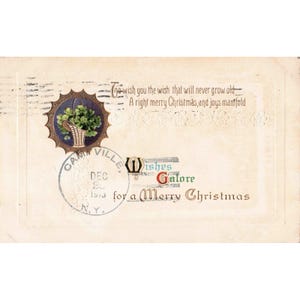 Antique 1913 Christmas Postcard Embossed Clover Basket Campville NY Postmark image 1