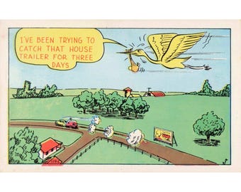 Vintage Laff Gram Stork House Trailer Humor Linen Postcard Baxtone Amarillo TX
