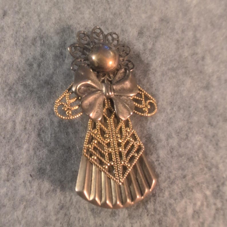 Vintage Angel Brooch Pin Filigree Wings Gold Tone Silver Tone Festive Accessory image 1