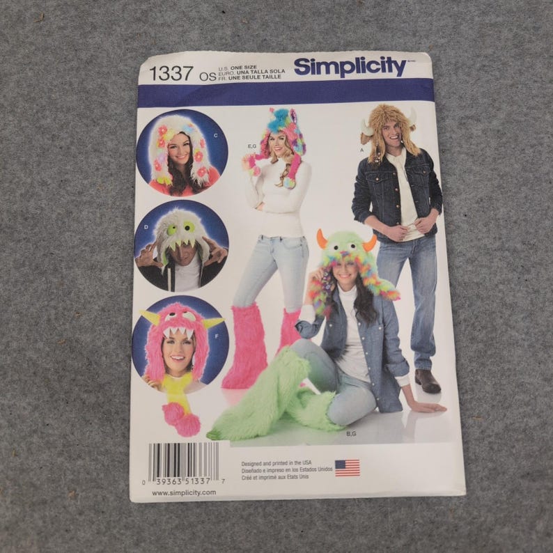 Simplicity 1337 Monster Animal Hats Leg Warmers Sewing Pattern One Size OS VG image 1
