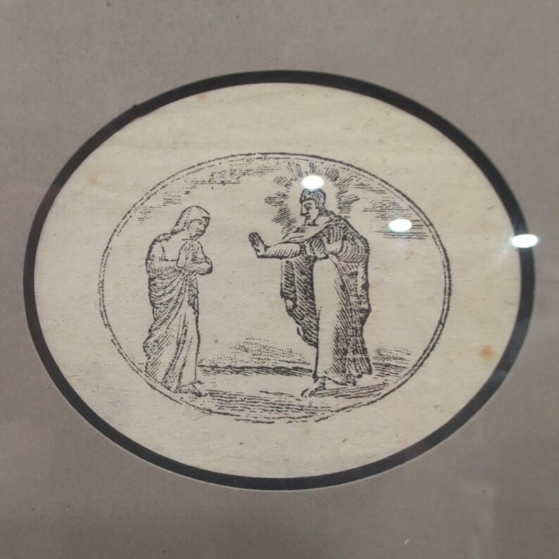VTG Framed Woodcut Print Jesus & Mary Magdalene John 20:17 "Do not hold onto me" image 2