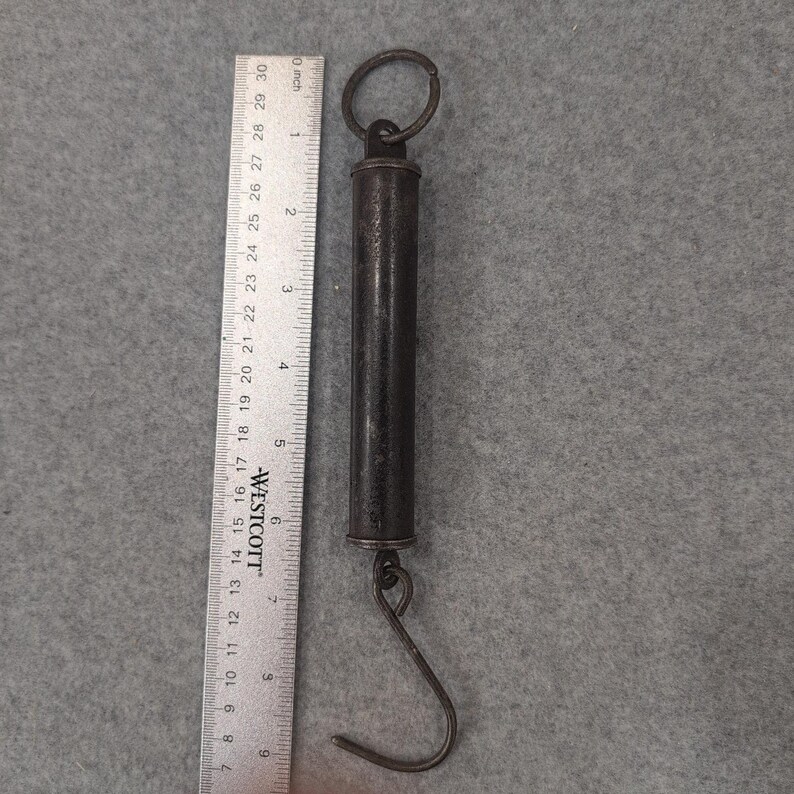 Antique Brass & Iron Hanging Spring Scale w/ Hook Ring – c.1890s Farm Tool image 5