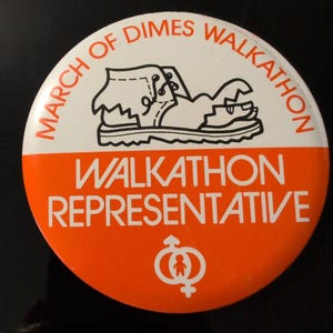 Vintage March of Dimes Walkathon Representative Pinback Button Orange White Boot image 1