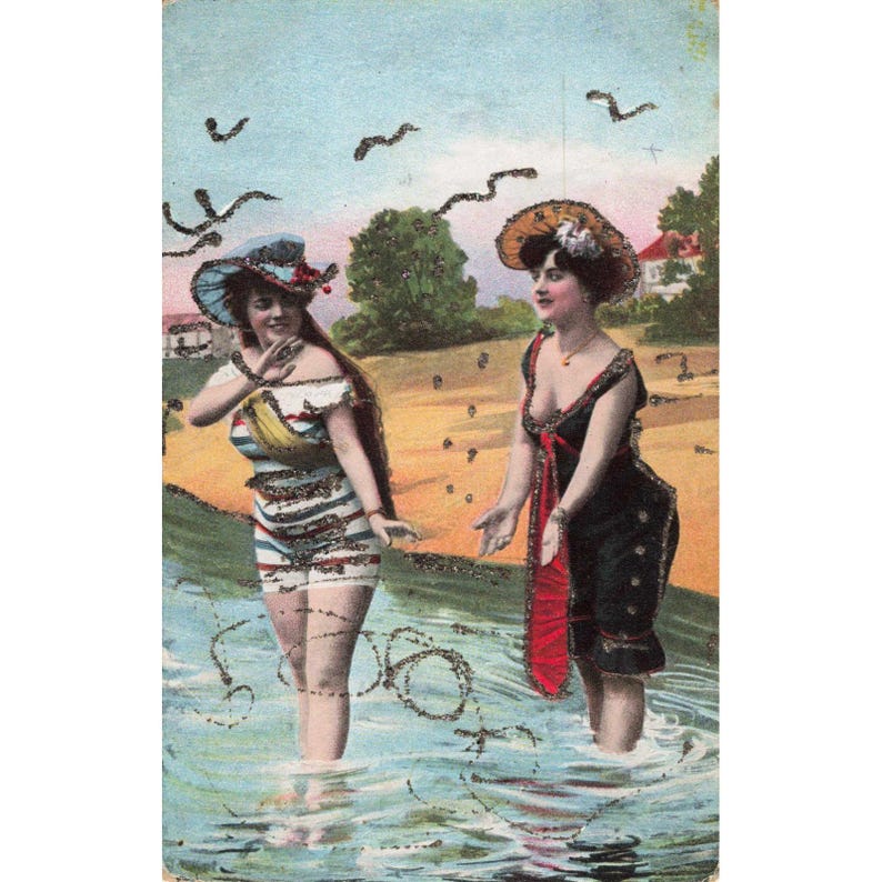 Antique Glitter Postcard Edwardian Bathing Beauties Beach Scene Serie 845 image 1