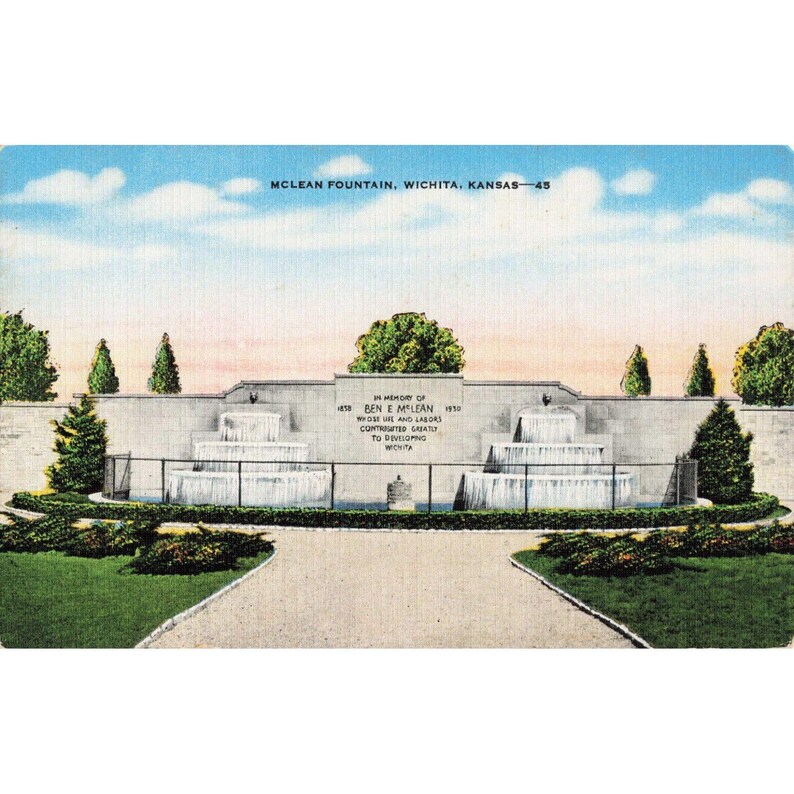McLean Fountain Wichita Kansas Vtg Linen Postcard Ben E McLean Memorial 45 Bild 1