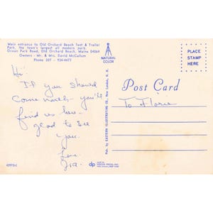 Carte postale ancienne Old Orchard Beach, Maine, panneau « Camping pour tentes et caravanes » (VG) image 2