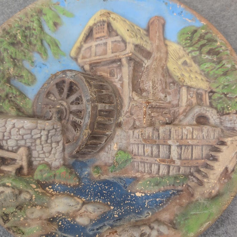 Vintage 3D Relief Wall Plaque Countryside Water Mill Cottage Scene Decor image 3
