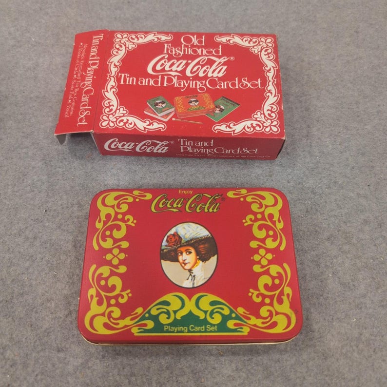 Old Fashioned Coca-Cola Tin and Playing Card Set 2 Decks Score Pad Pencil Red image 3