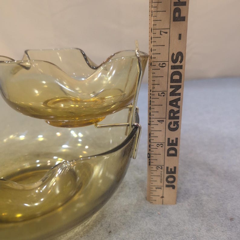 Vintage MCM Smoked Olive Green Glass Ruffled Chip and Dip Set with Metal Bracket image 6