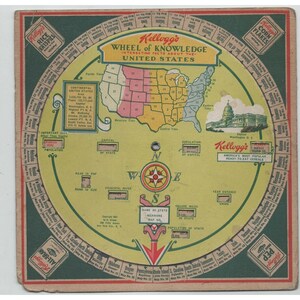 Vintage Kellogg's Wheel of Knowledge-kaart van de Verenigde Staten uit 1931, een premiumkaart voor ontbijtgranen. afbeelding 1