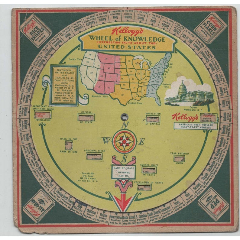 Vintage Kellogg's Wheel of Knowledge-kaart van de Verenigde Staten uit 1931, een premiumkaart voor ontbijtgranen. afbeelding 1