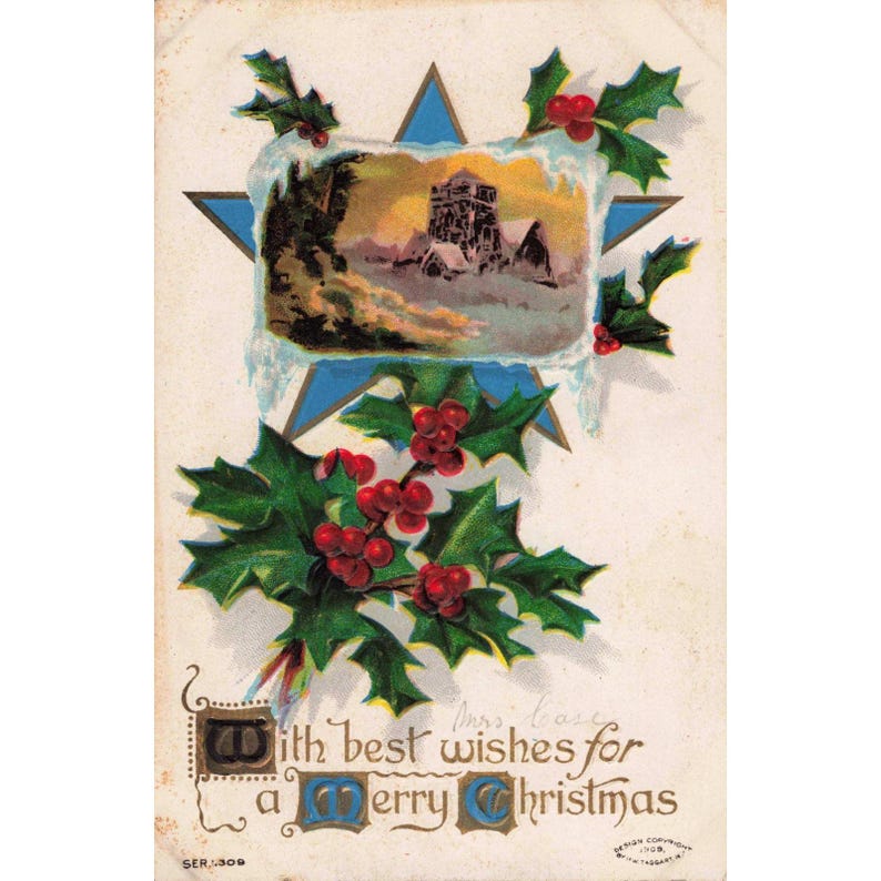Vintage 1909 Christmas Postcard HW Taggart Embossed Holly Winter Star Ser 1309 image 1