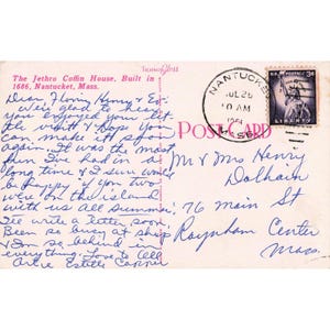 Vintage Jethro Coffin House Nantucket Massachusetts Linen Postcard 1961 Postmark image 2