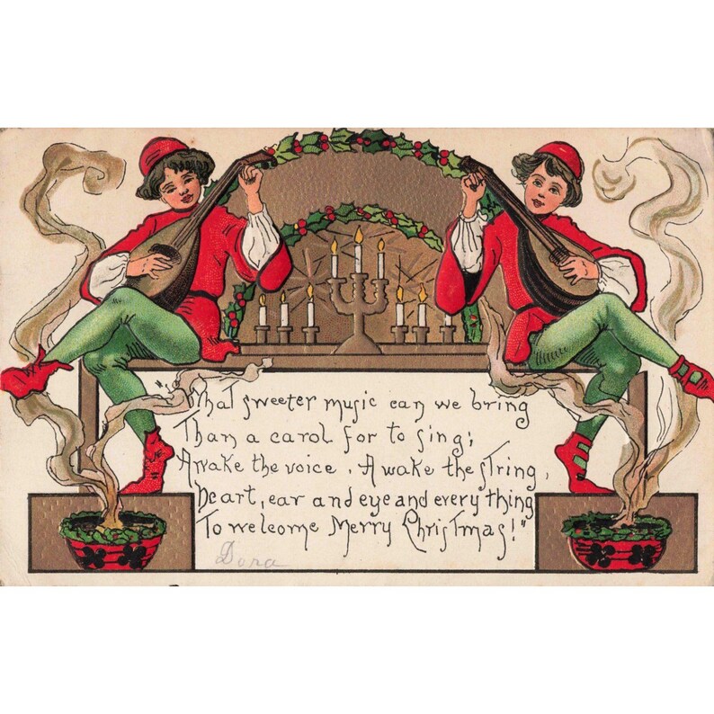 Antique 1911 Christmas Postcard L&E Serie 2227 Musicians Lute Embossed Germany image 1