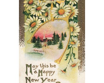 Vintage Happy New Year Postcard Embossed Daisies Wishbone Winter Church Scene
