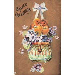 Antique Easter Greetings Postcard 1910 Chicks Flowers 1 Cent Franklin Stamp VG image 1