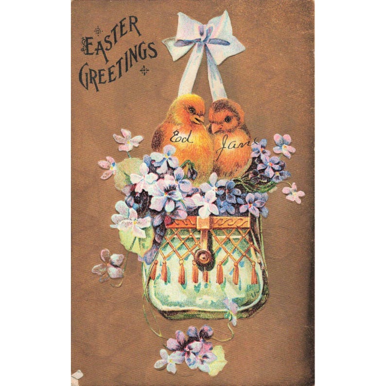Antique Easter Greetings Postcard 1910 Chicks Flowers 1 Cent Franklin Stamp VG image 1
