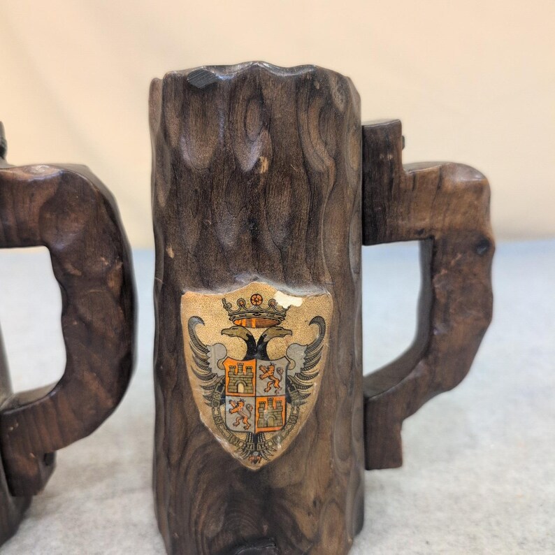 Vintage Hand Carved Wooden Mug Coat of Arms of Toledo, Spain Set of 2 Dark Wood image 3